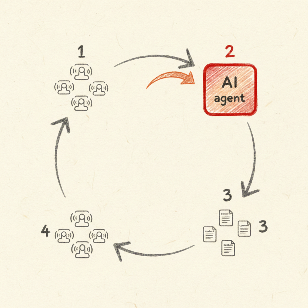 Closed-loop signal-to-action flow diagram with AI agent at center