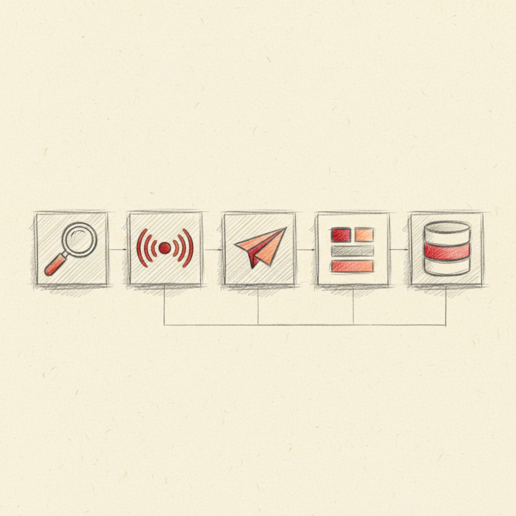 Five GTM agent tiles in a row: enrichment lens, signal radar, SDR paper plane, sequencing queue, CRM cylinder with red and ember accents