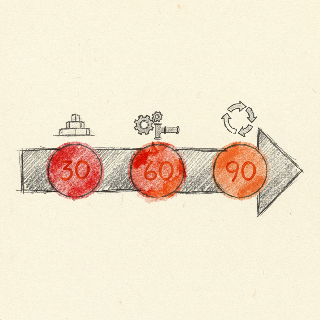 A 30-60-90 day timeline with three milestone phases for building the lean team